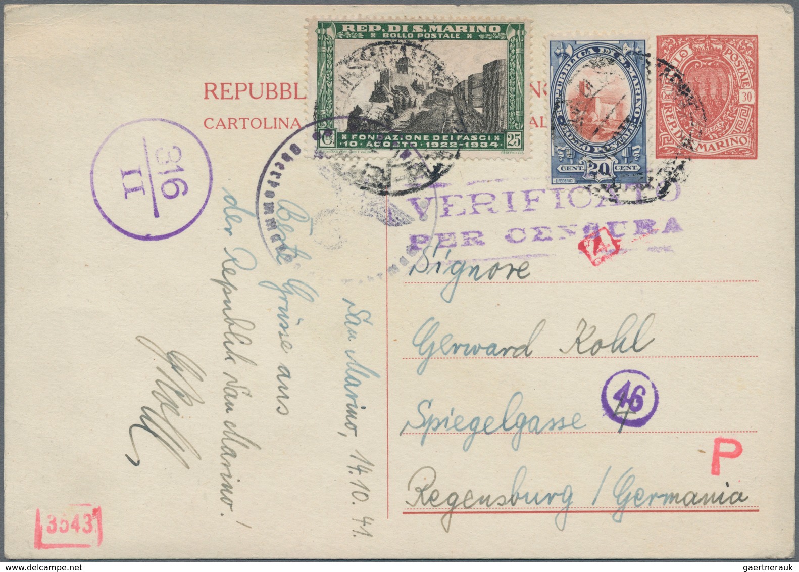 San Marino - Ganzsachen: 1941, 30 C Red-brown Postal Stationery Card With Additional Franking And It - Postwaardestukken