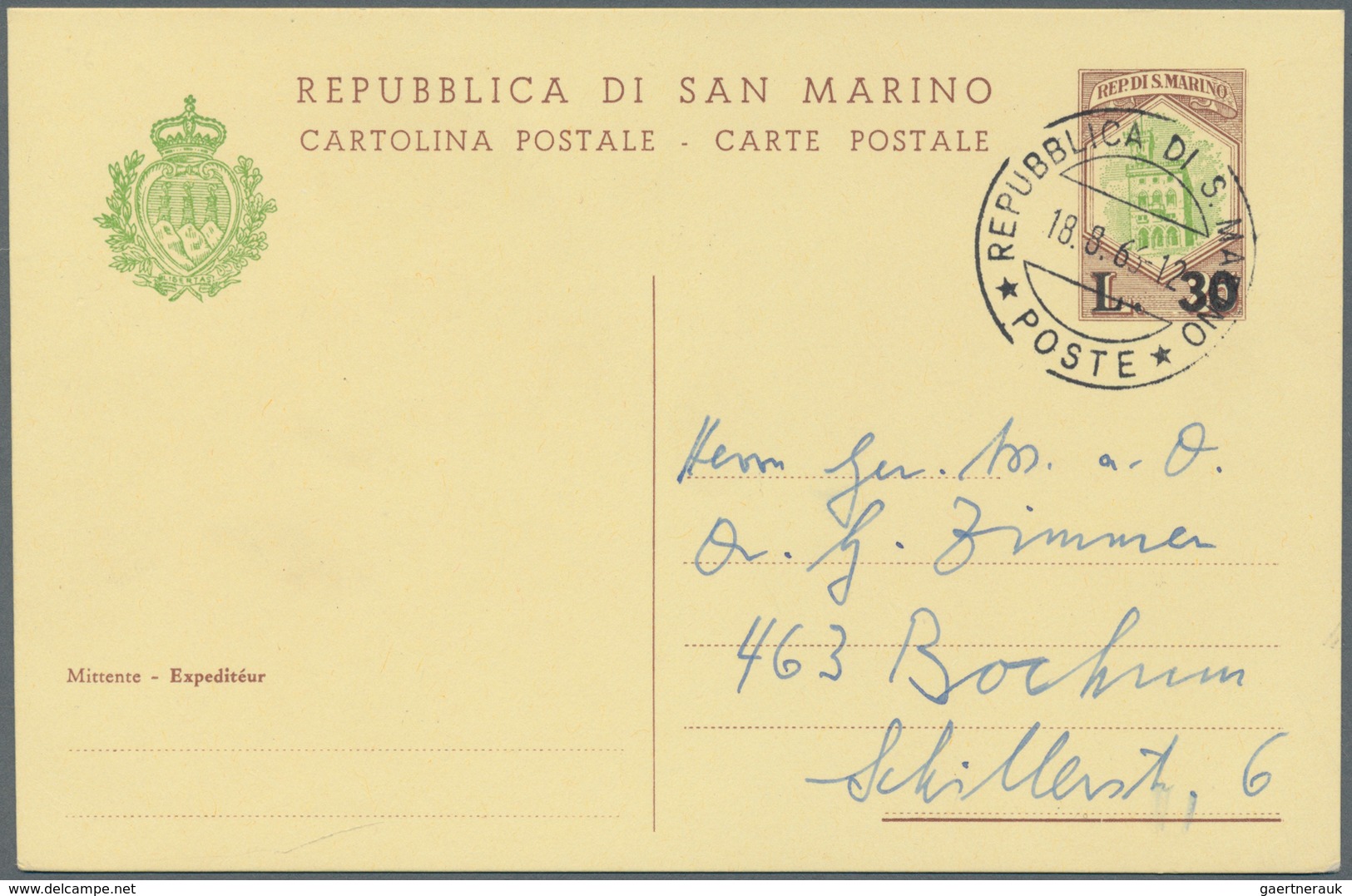 San Marino - Ganzsachen: 1963, Ganzsachenkarte 30 L. = Portoerhöhung - 30 Auf 25 L., Gebraucht, Mi. - Postwaardestukken