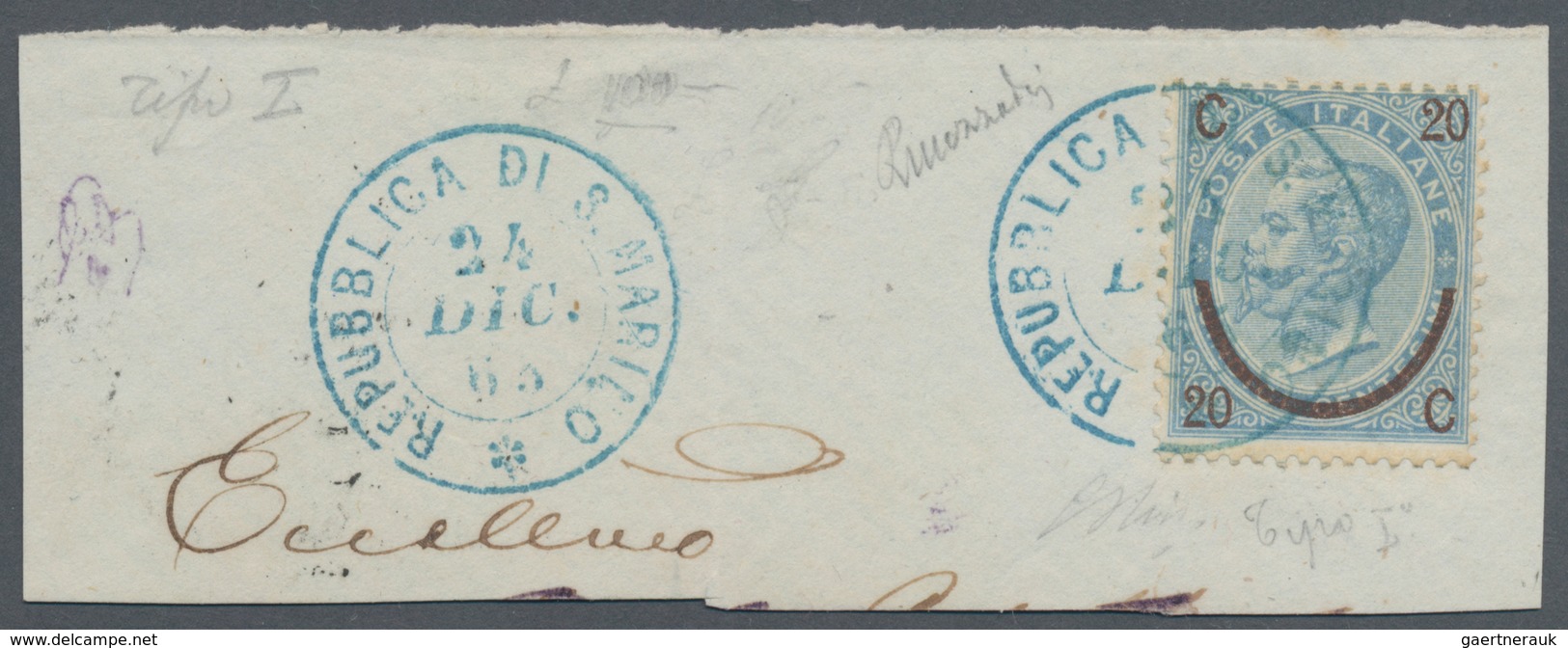 San Marino - Stempel: 1865, 20 C On 15 Cmi Blue Cancelled With Blue Double Circle "REPUBLICA DI S. M - Autres & Non Classés