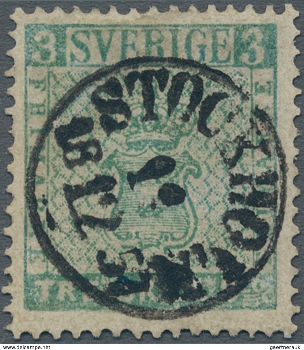 Schweden: 1855, Coat Of Arms 3 Skill. Bluish-green Used With Heavy ‚STOCKHOLM 11/12/1857‘ Cds., Part - Used Stamps