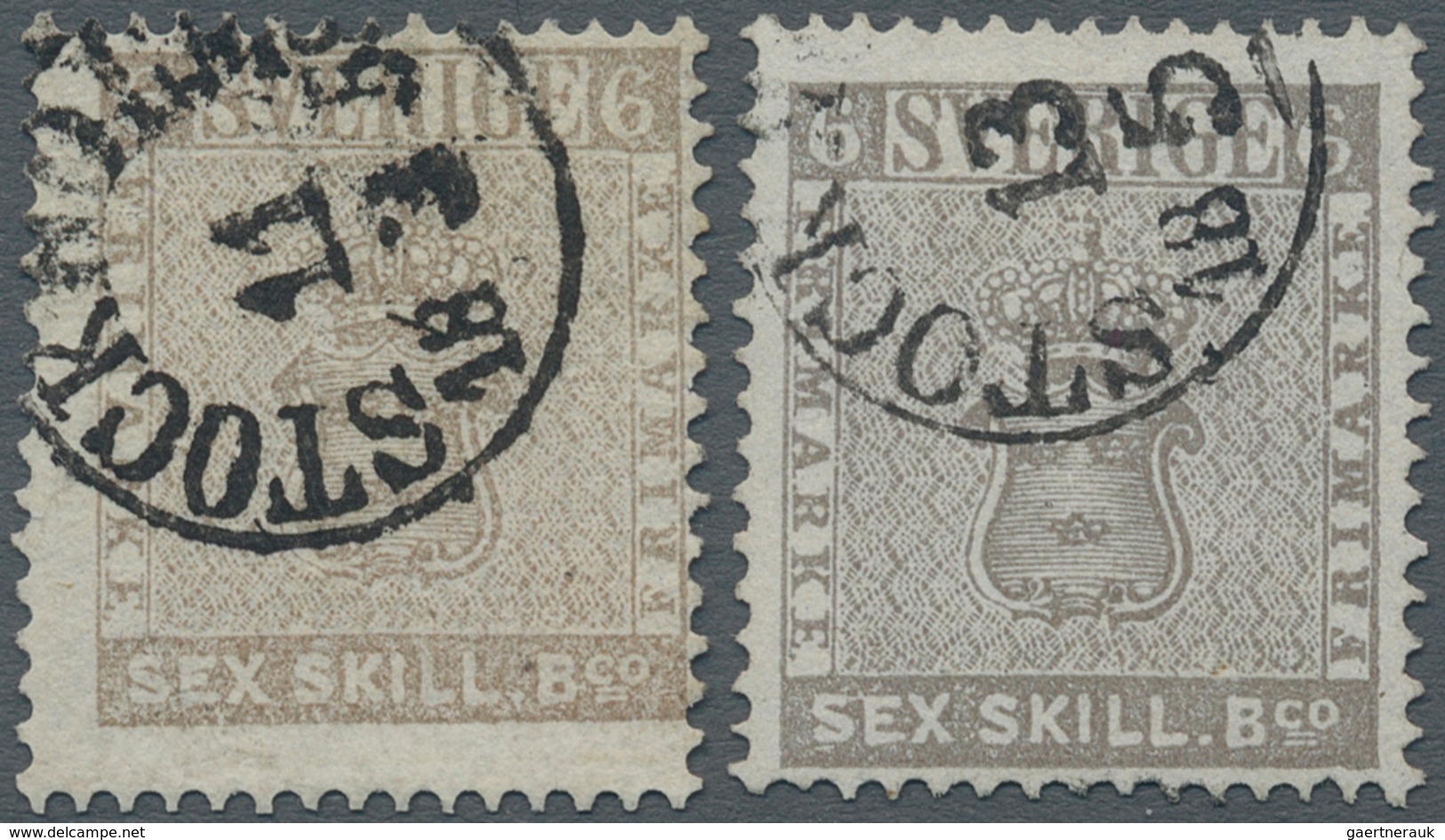 Schweden: 1855, Coat Of Arms 6 Skill. Two Stamps In Different Shades Grey And Brownish-grey Both Fin - Used Stamps