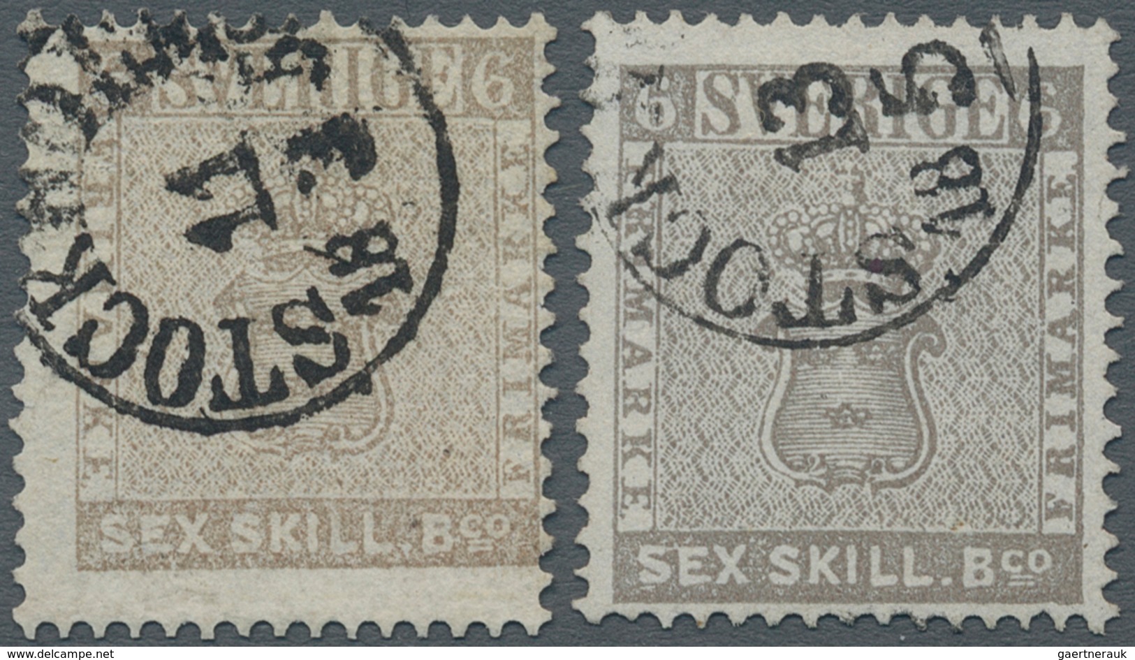 Schweden: 1855, Coat Of Arms 6 Skill. Two Stamps In Different Shades Grey And Brownish-grey Both Fin - Gebruikt