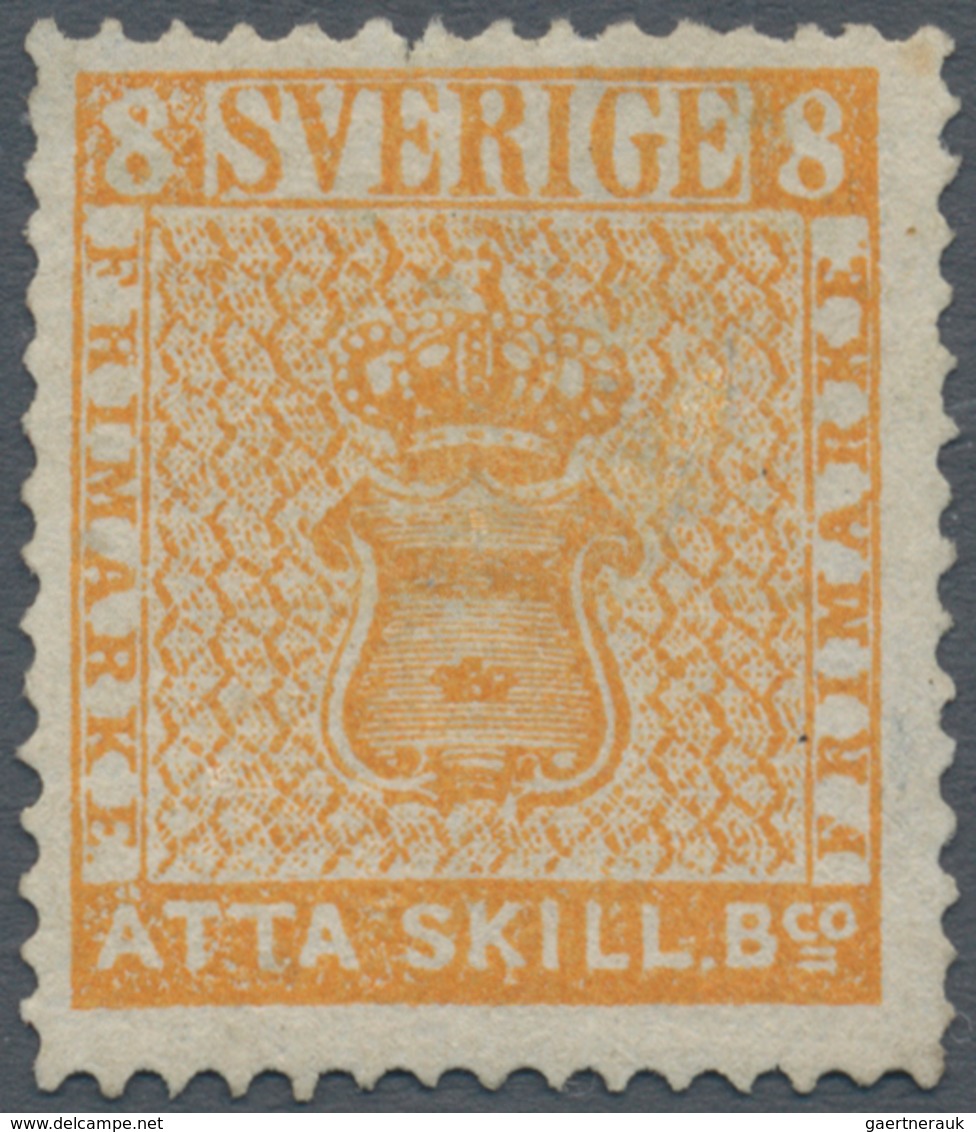 Schweden: 1855 ÅTTA (8) Sk. Bco. In Orange On Thin Paper, UNUSED Without Gum, Well Centered, Fresh C - Used Stamps