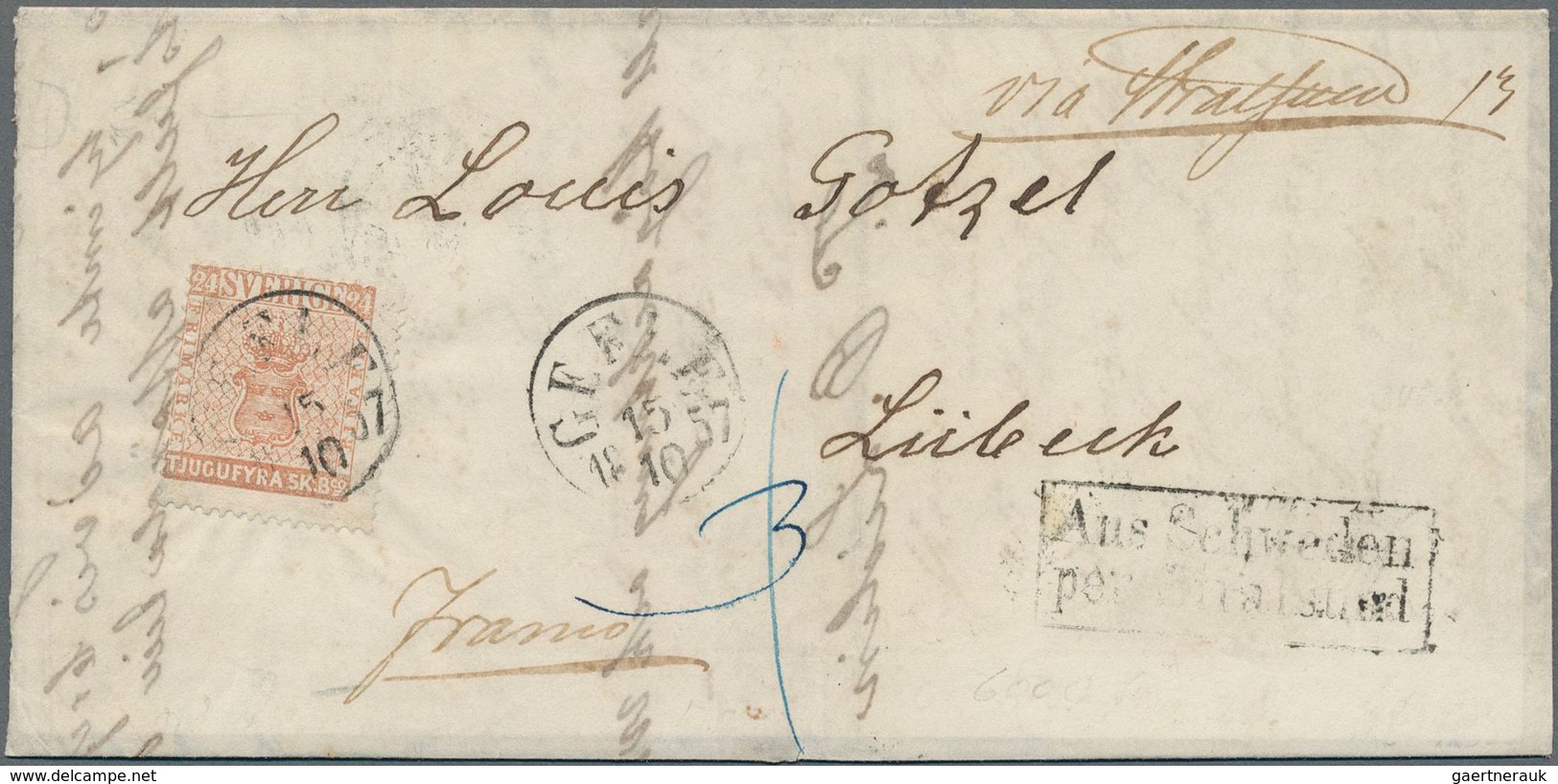 Schweden: 1855 24 Skill. B:co Orange-red Used On Entire Letter From Gefle To Lübeck, Germany Via Yst - Used Stamps