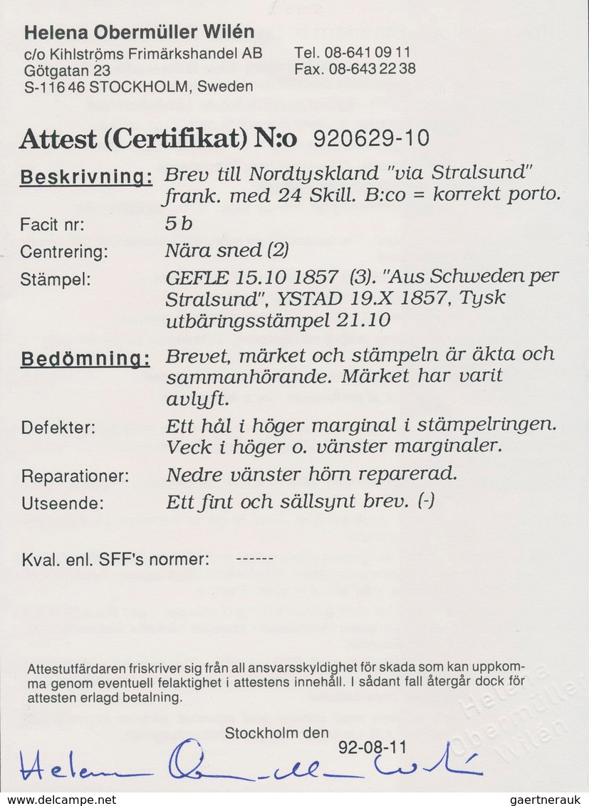 Schweden: 1855 24 Skill. B:co Orange-red Used On Entire Letter From Gefle To Lübeck, Germany Via Yst - Gebruikt