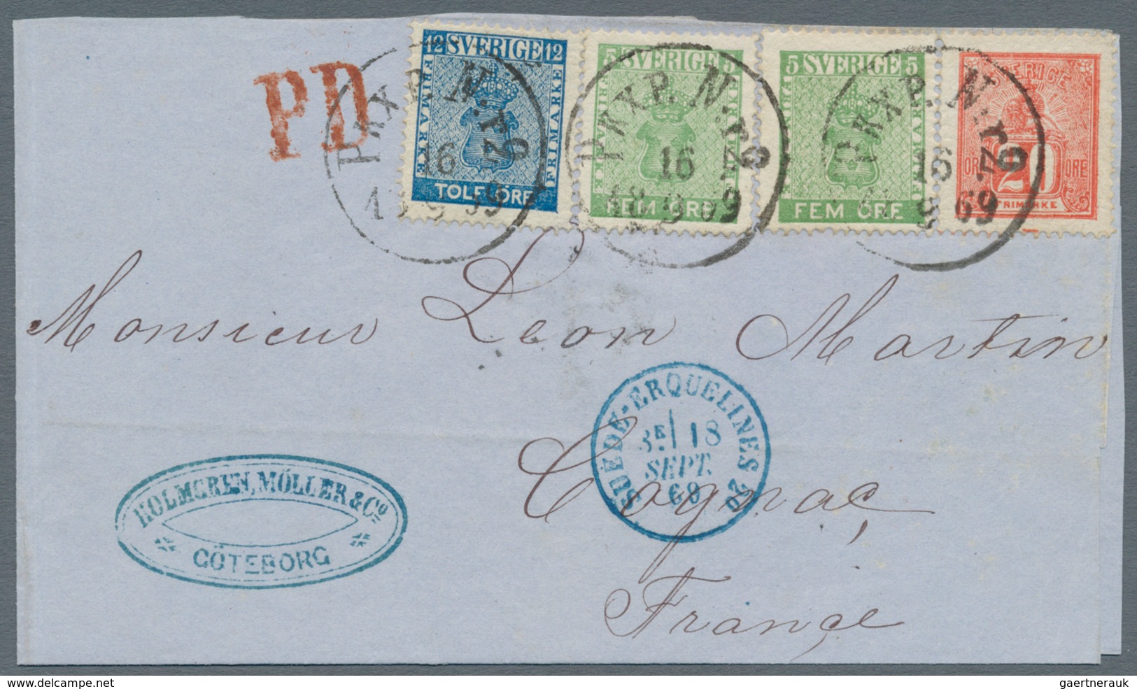 Schweden: 1869 Large Part Of Folded Cover From Göteborg To Cognac, France Carried In A Sealed Post-b - Gebruikt