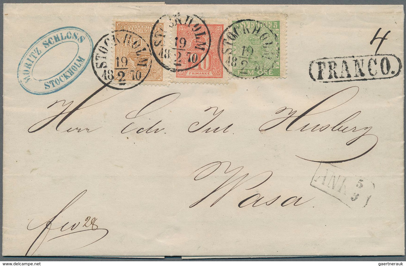 Schweden: 1870 Entire Letter From Stockholm To Wasa, Finland Bearing 1858 5øre Green In Combination - Gebruikt