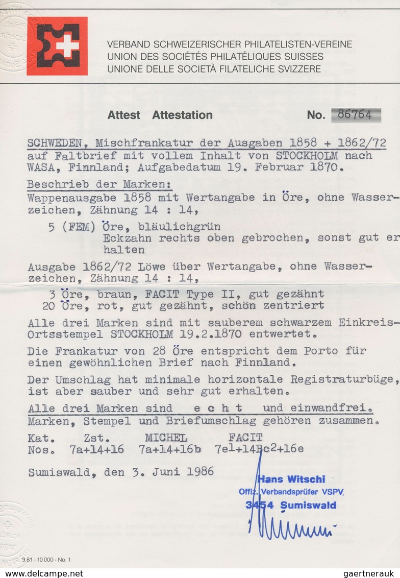 Schweden: 1870 Entire Letter From Stockholm To Wasa, Finland Bearing 1858 5øre Green In Combination - Gebruikt