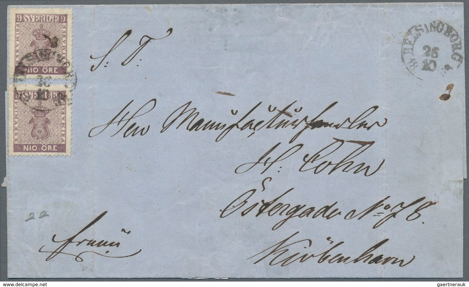 Schweden: 1858 Folded Cover From Helsingborg To Copenhagen, Denmark Franked By Two Singles Of 9 øre - Gebruikt