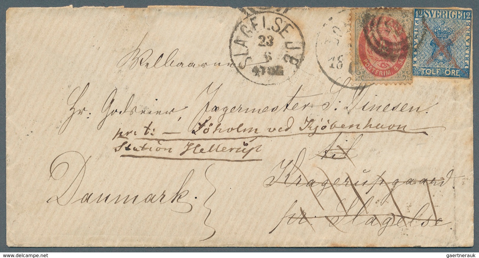 Schweden: 1871, Schweden, 12 Ö Blau (kpl. Scherenschnitt Und Entwertung Durch Rotstift) Auf Couvert - Used Stamps