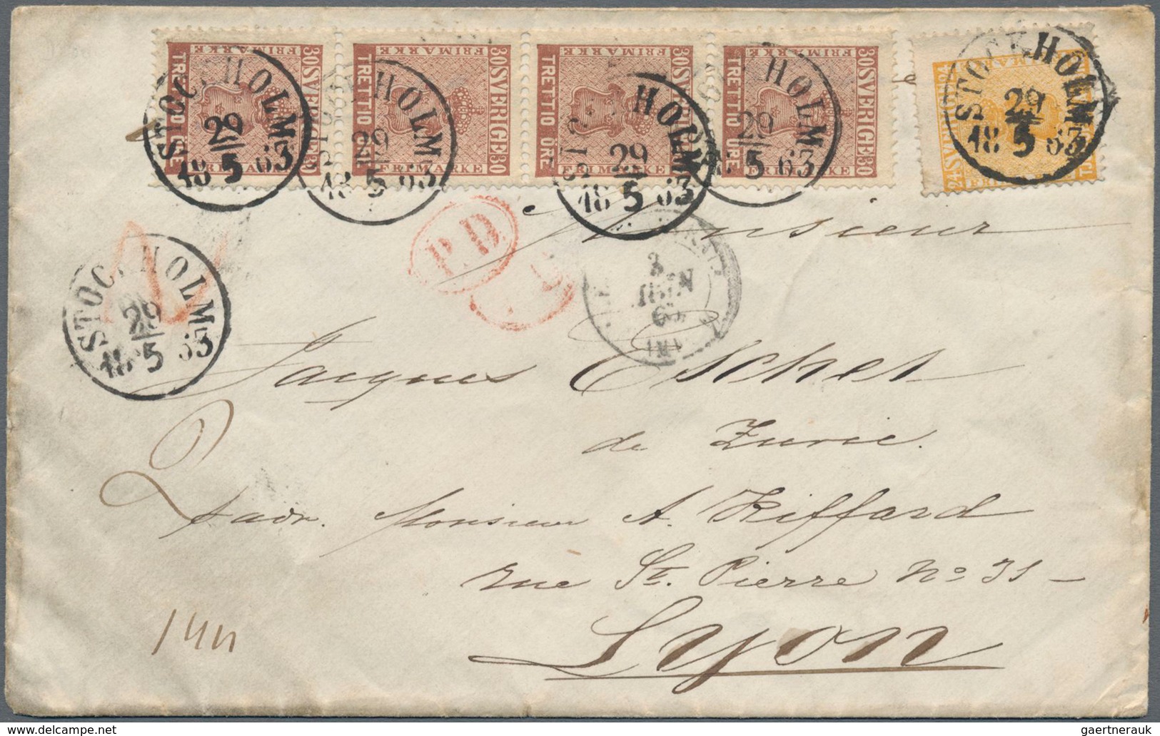 Schweden: 1863 Cover From Stockholm To Lyon, FRANCE Via Hamburg And Paris, Franked By 1858 30øre Bro - Gebruikt