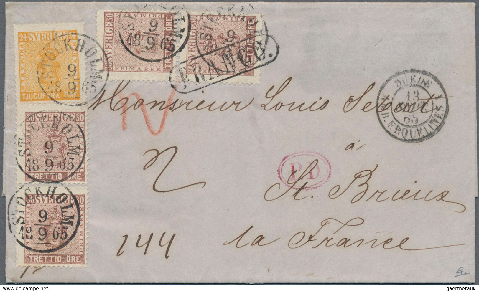 Schweden: 1865 Double Weight Letter From Stockholm To St. Brieuc, France Bearing 'Coat Of Arms' 24ør - Gebruikt