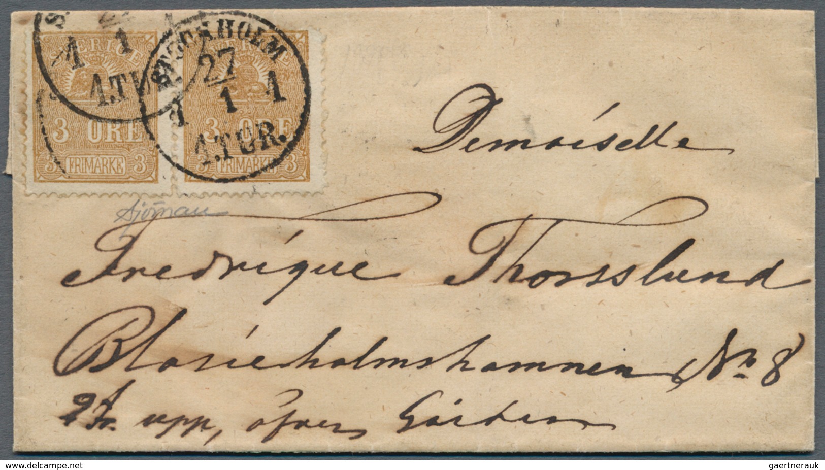 Schweden: 1862, 3ö. Brown, Two Copies On Tiny Lacal Letter "Stockholm 27/1", Some Irregular Perfs. S - Gebruikt