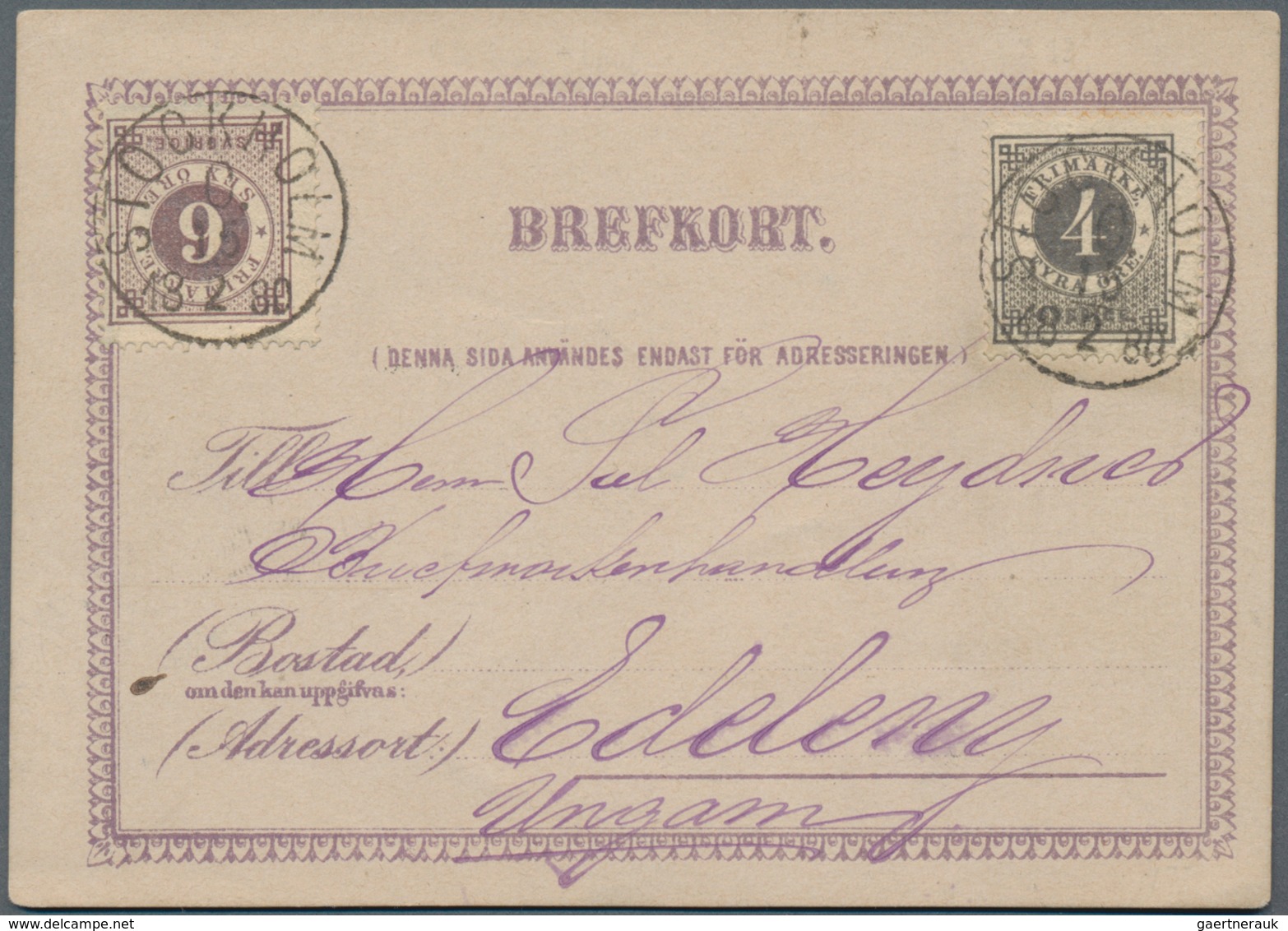 Schweden: 1872-77 'Numeral Type' 4 øre Grey And 6 øre Lilac Used On Postcard From Stockholm To Edele - Gebruikt