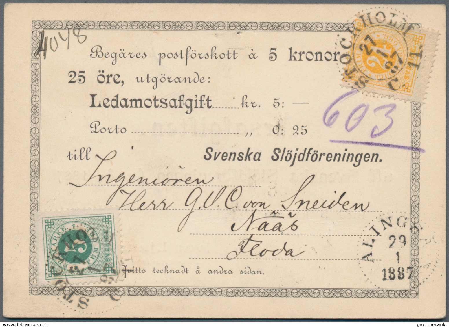 Schweden: 1887 C.O.D. Printed Matter (Postförskottstryksaker) From Stockholm To Nääs Via Alingsås, F - Gebruikt