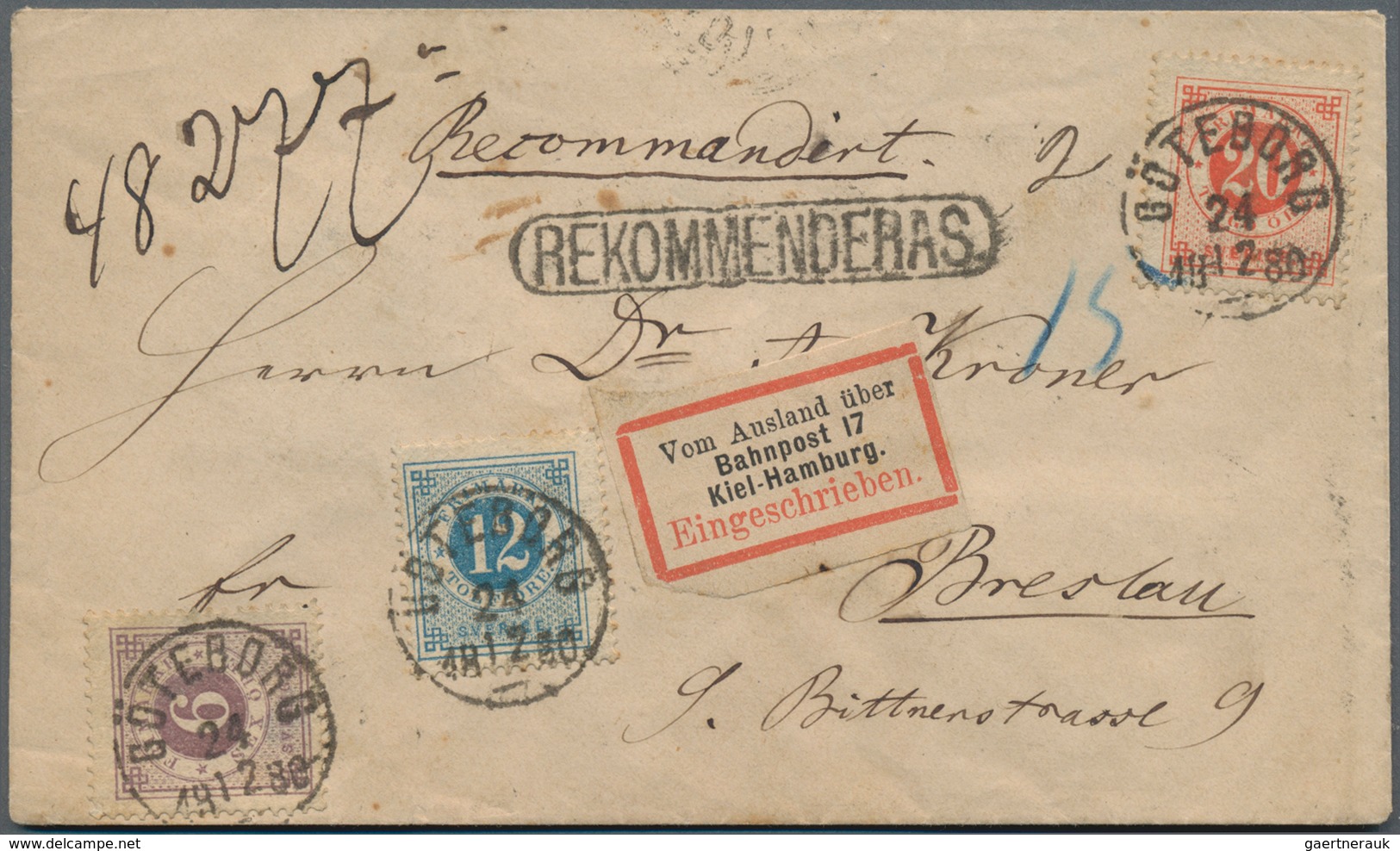 Schweden: 1872-77 'Numeral Type' 20 øre, 12 øre And 6 øre Used On Registered Cover From Göteborg To - Used Stamps