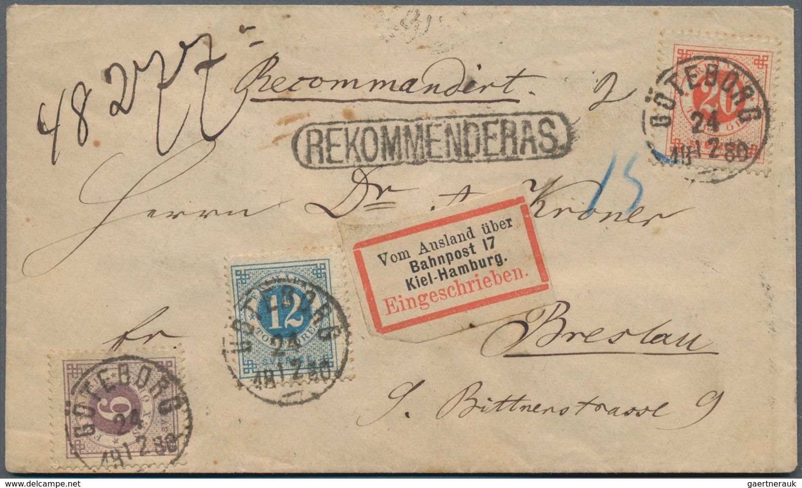 Schweden: 1872-77 'Numeral Type' 20 øre, 12 øre And 6 øre Used On Registered Cover From Göteborg To - Gebruikt