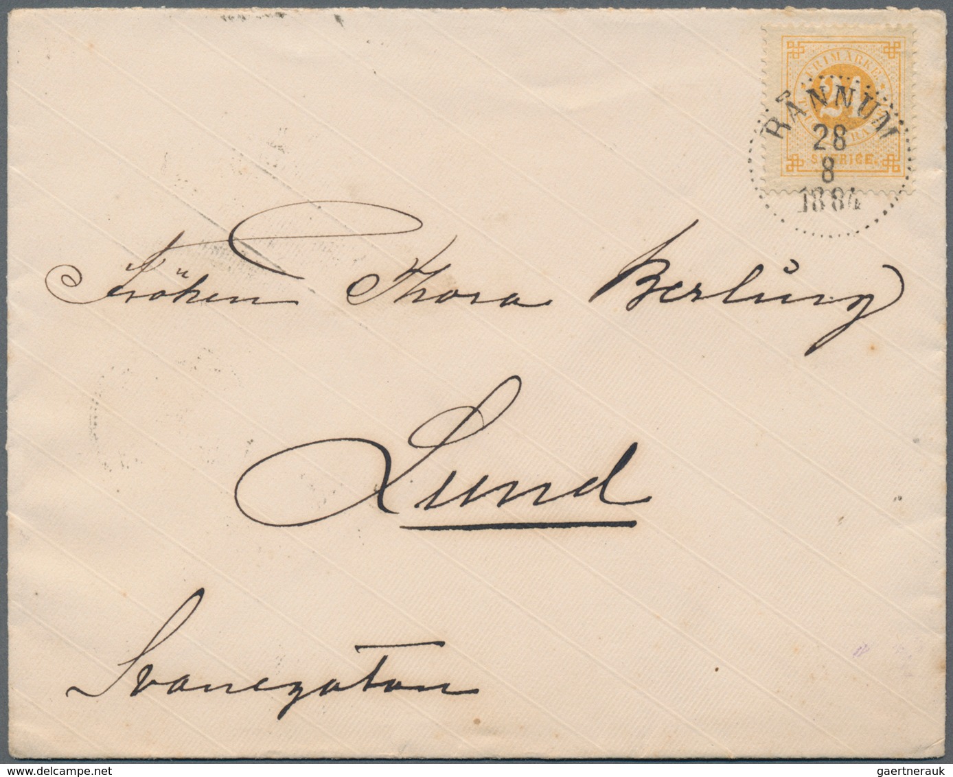 Schweden: 1877 Ringtype 24 øre Orange-yellow, Perf 13-13½, Used On Domestic Cover From Rånnum To Lun - Used Stamps
