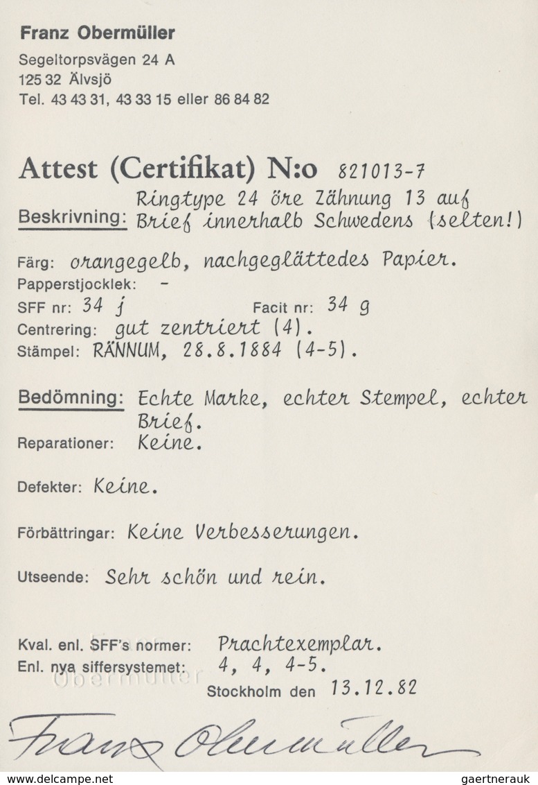 Schweden: 1877 Ringtype 24 øre Orange-yellow, Perf 13-13½, Used On Domestic Cover From Rånnum To Lun - Used Stamps
