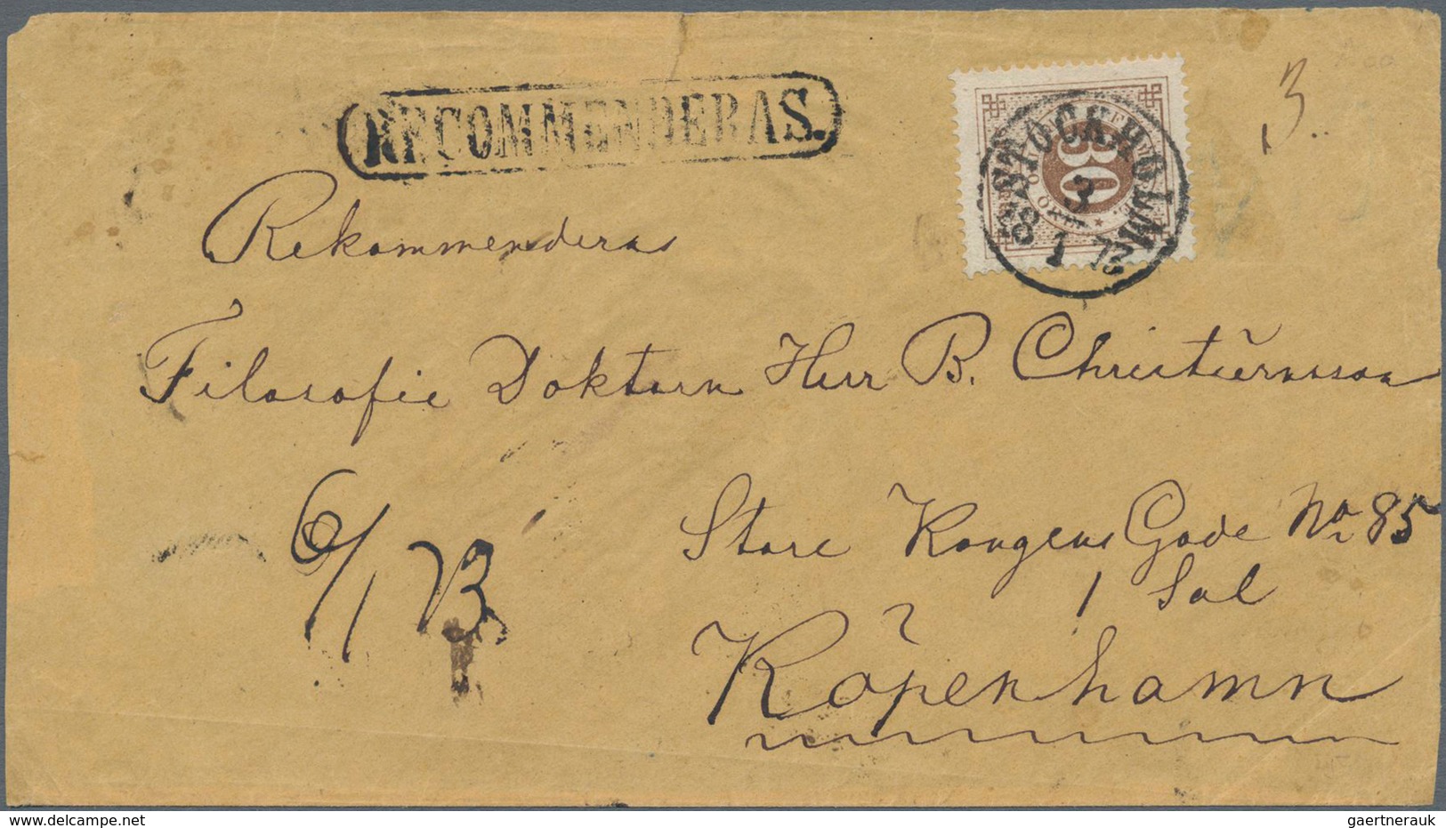 Schweden: 1872 30øre Brown Used On Part Registered Cover (front Only) From Stockholm To Copenhagen, - Used Stamps