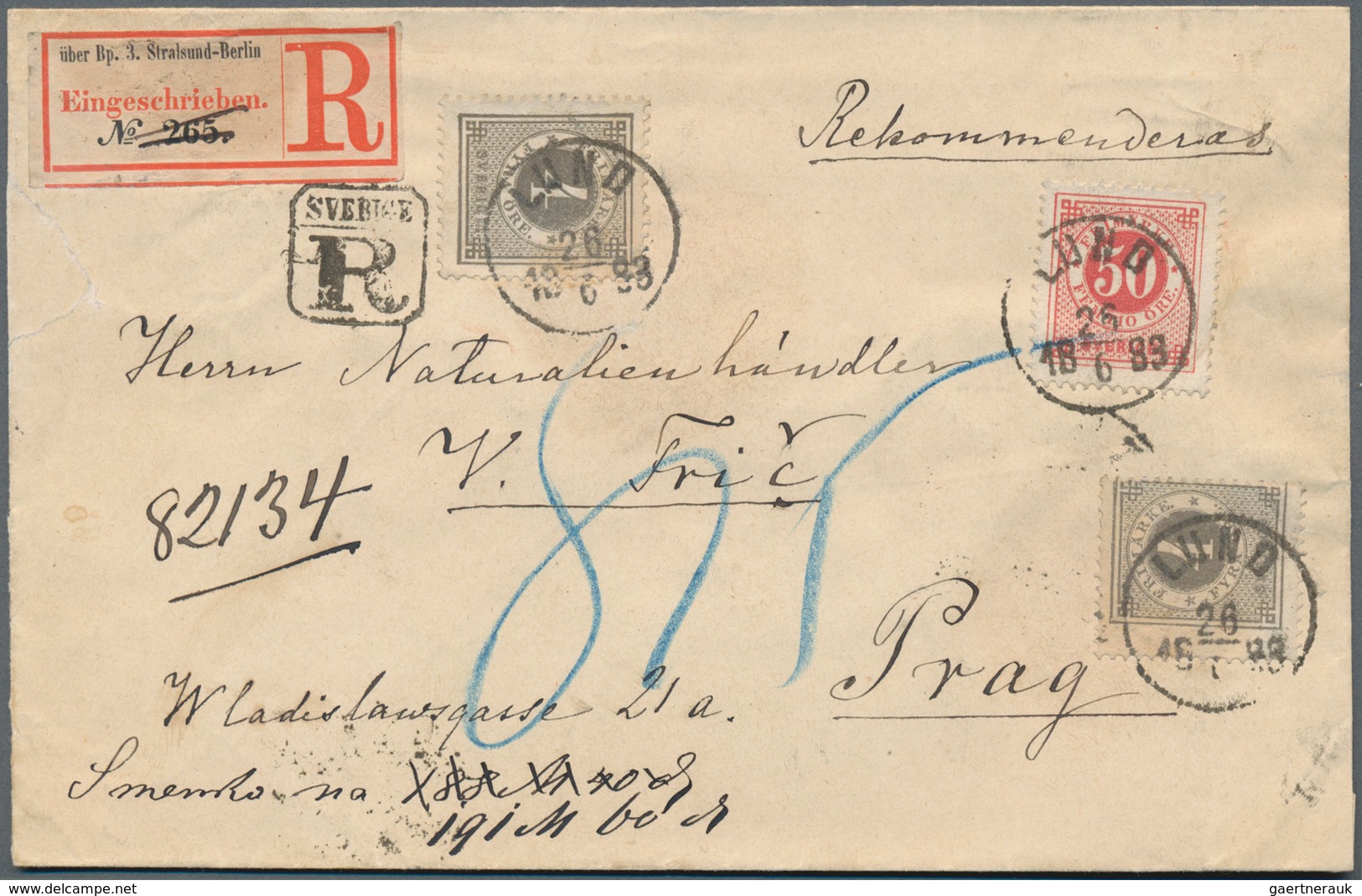 Schweden: 1883 Registered Cover From Lund To Prague Via Malmö And Stralsund-Berlin Railway, Franked - Used Stamps