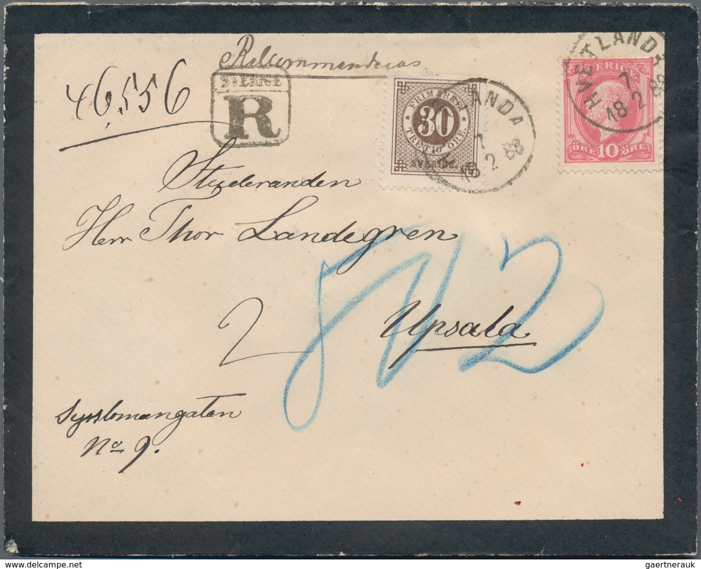 Schweden: 1888 Registered Mourning Cover From Vetlanda To Upsala, Franked By 1886 30 øre Brown And 1 - Used Stamps