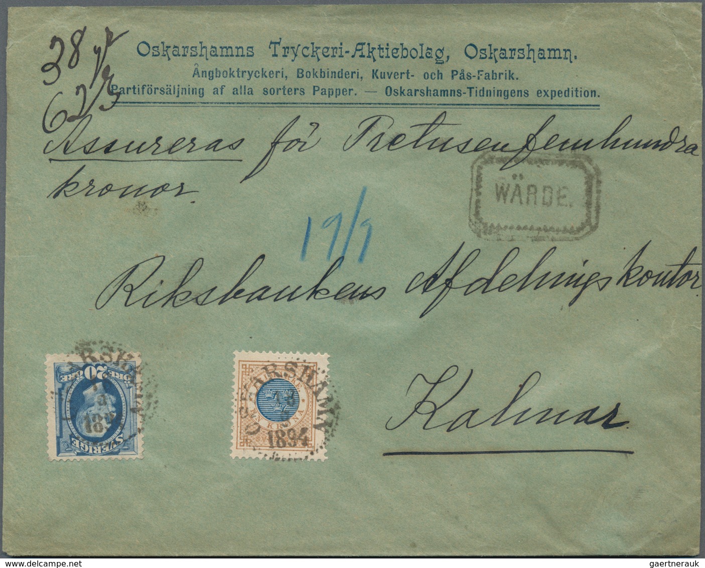 Schweden: 1886 1kr. Blue & Brown Used In Combination With 1891 KOII. 20 øre Ultramarine On Insured C - Used Stamps