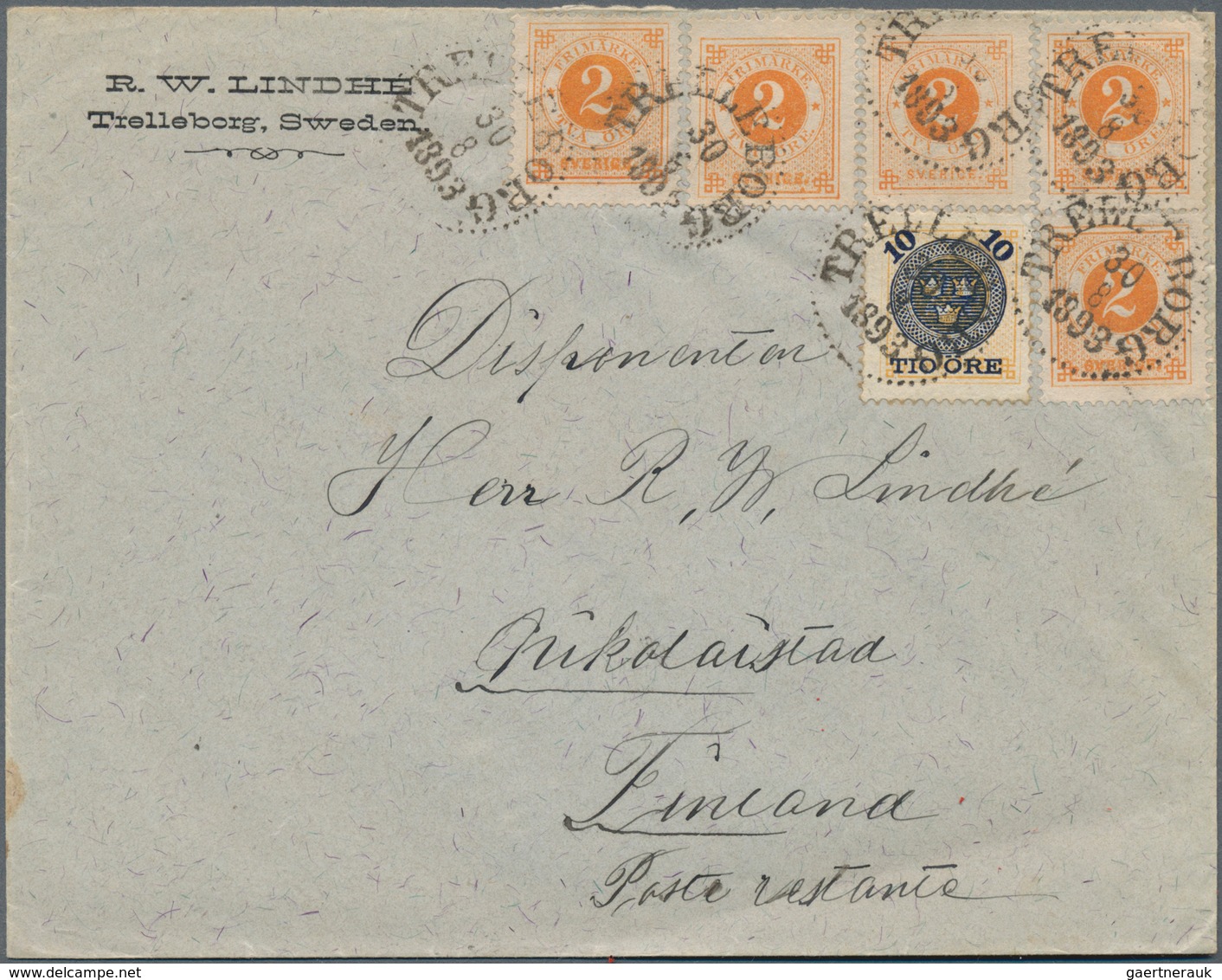 Schweden: 1893 Cover From Trelleborg To Nikolaistad Via Åbo, Franked By 1889 Provisional 10 øre Yell - Used Stamps
