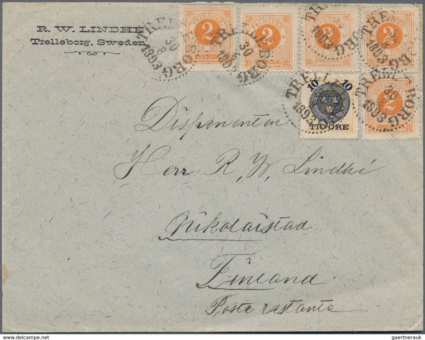 Schweden: 1893 Cover From Trelleborg To Nikolaistad Via Åbo, Franked By 1889 Provisional 10 øre Yell - Gebruikt