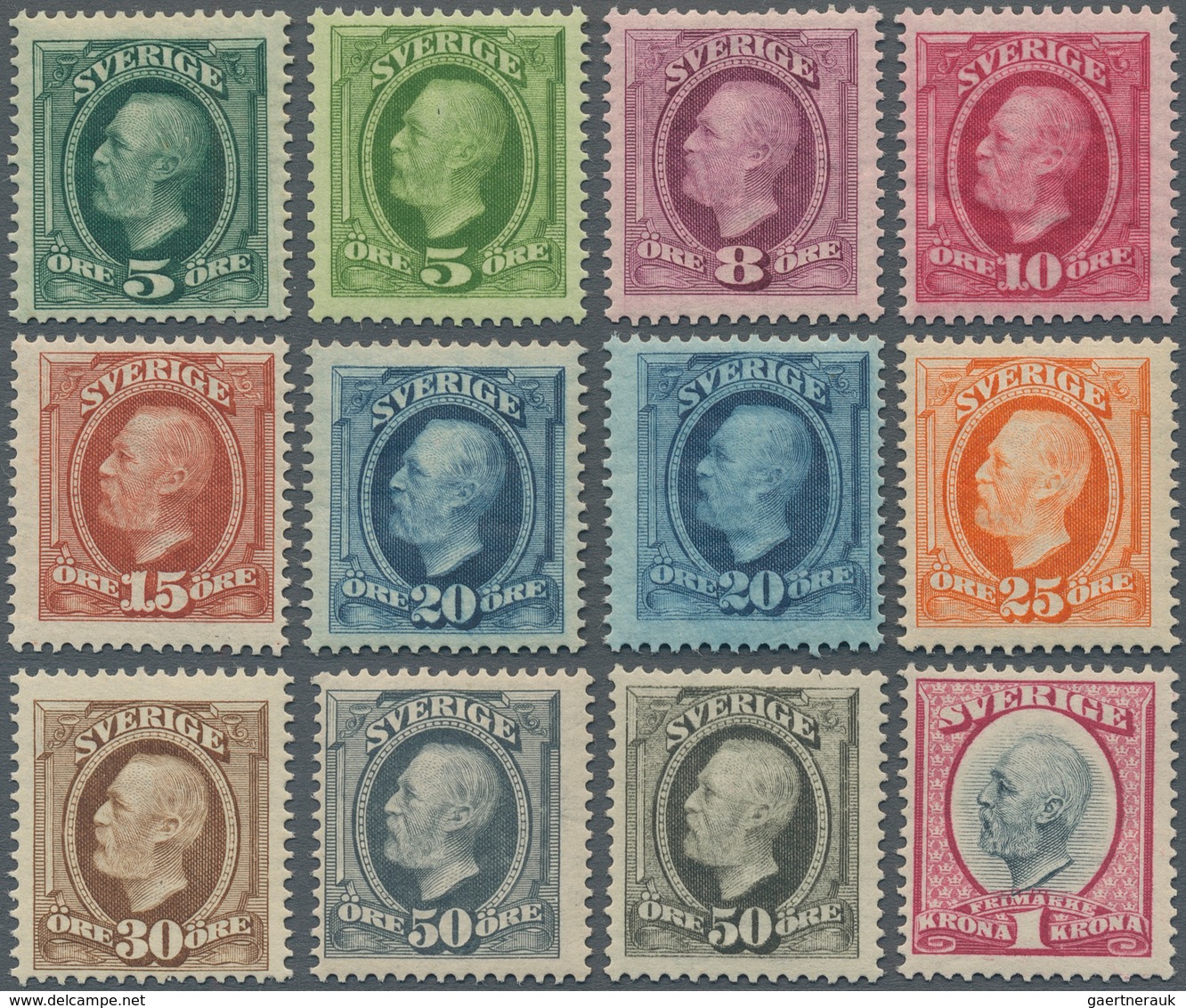 Schweden: 1891/1900, Oscar II. Definitives Set Of 12 Incl. Two Shades Of 5öre, 20öre And 50öre, Mint - Used Stamps