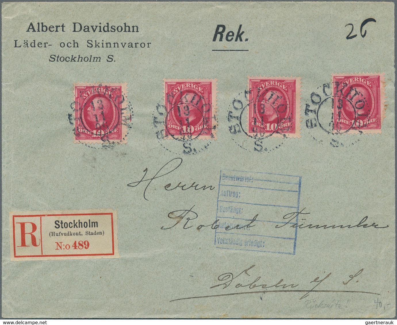 Schweden: 1891, 10 Öre Carmine - 4 Items On Registered Letter "Stockholm (Hufvudkont, Staden)" On Le - Gebruikt