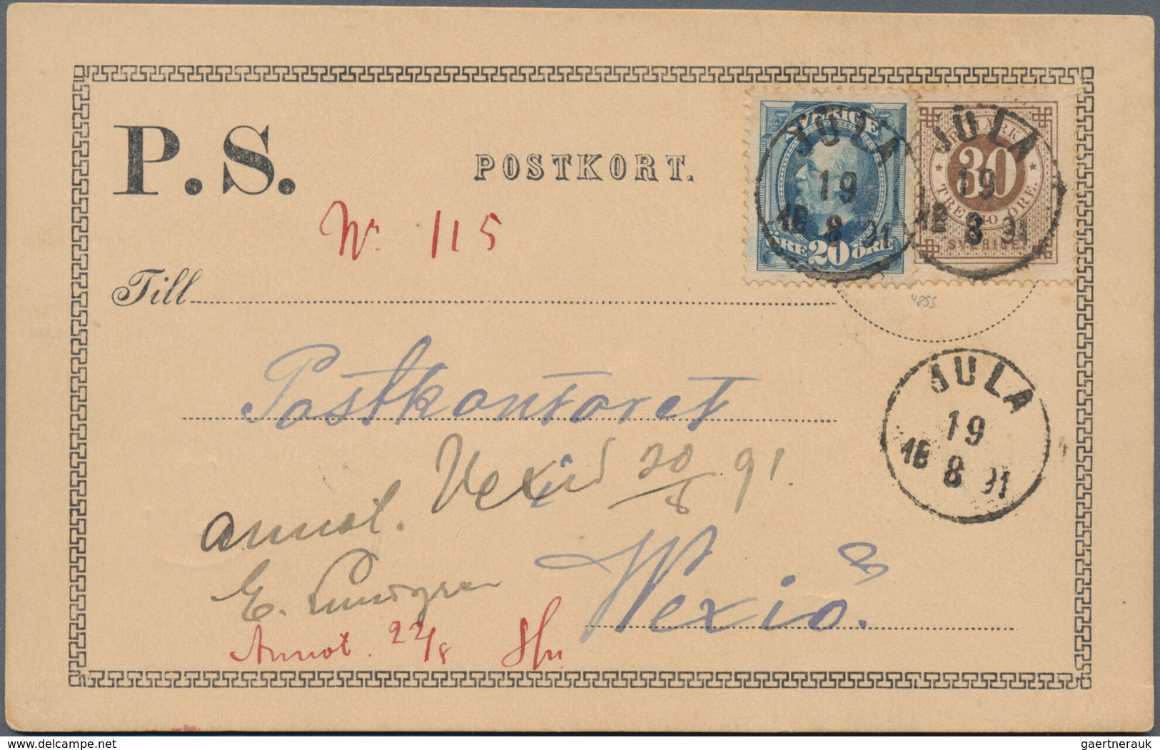 Schweden: 1891 Postcard From Jula To Vexiö Franked By 1886 30 øre Brown And 1891 KOII. 20 øre Ultram - Gebruikt