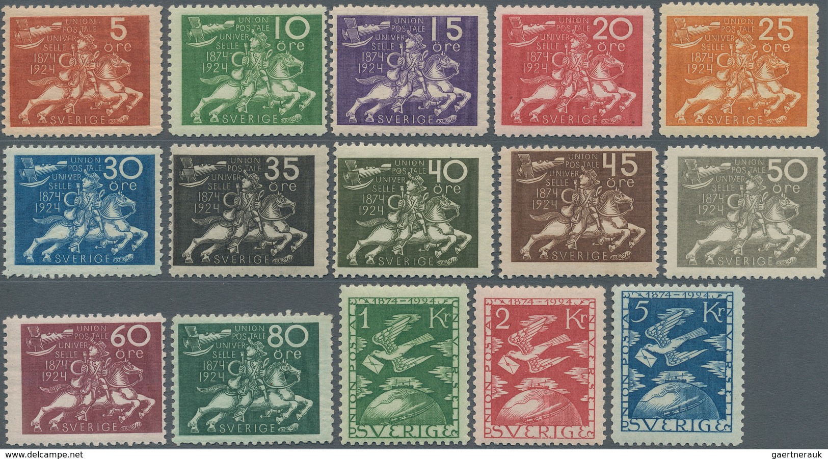 Schweden: 1924, 50th Anniversary Of UPU, 5ö.-5kr., Complete Set Of 15 Values, Fresh Colours, Normal - Gebruikt
