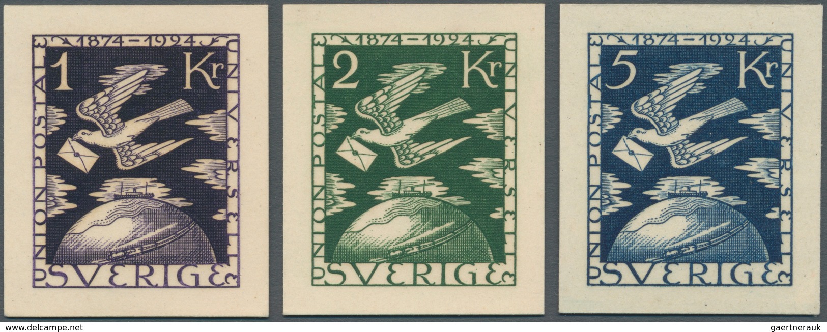 Schweden: 1924 UPU: Three Imperforated Essays On Thick Card Paper (33x39mm), Engraved, Of The Top St - Gebruikt
