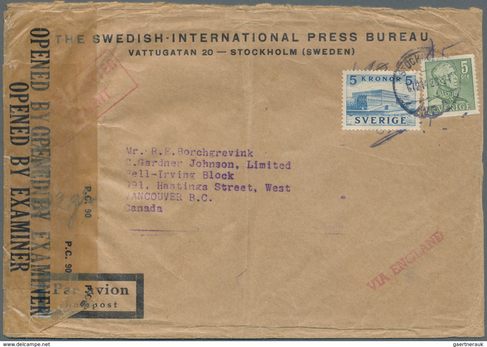 Schweden: 1944 Airmail Letter With 5 Crowns Blue And 5 Öre Green From Stockholm To Vancouver Over En - Gebruikt