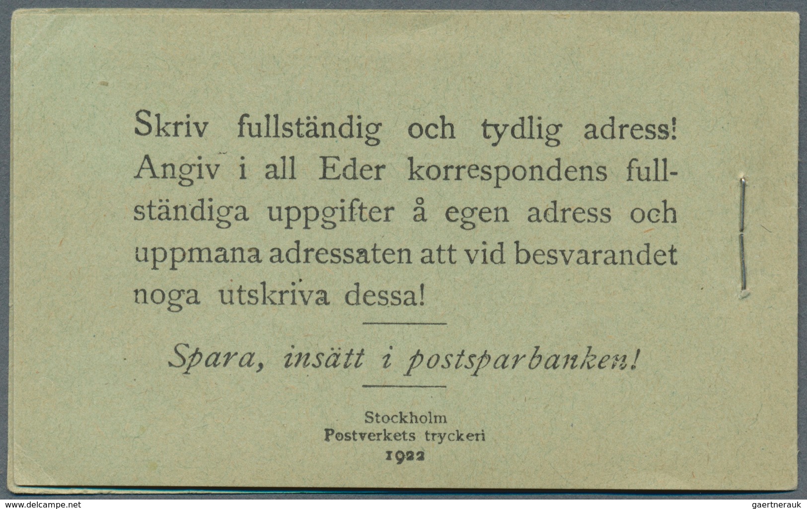 Schweden - Markenheftchen: 1922, Standing Lion, Complete Stamp Booklet ‚Pris 2 Kronor.‘ Bearing 20 S - 1951-80