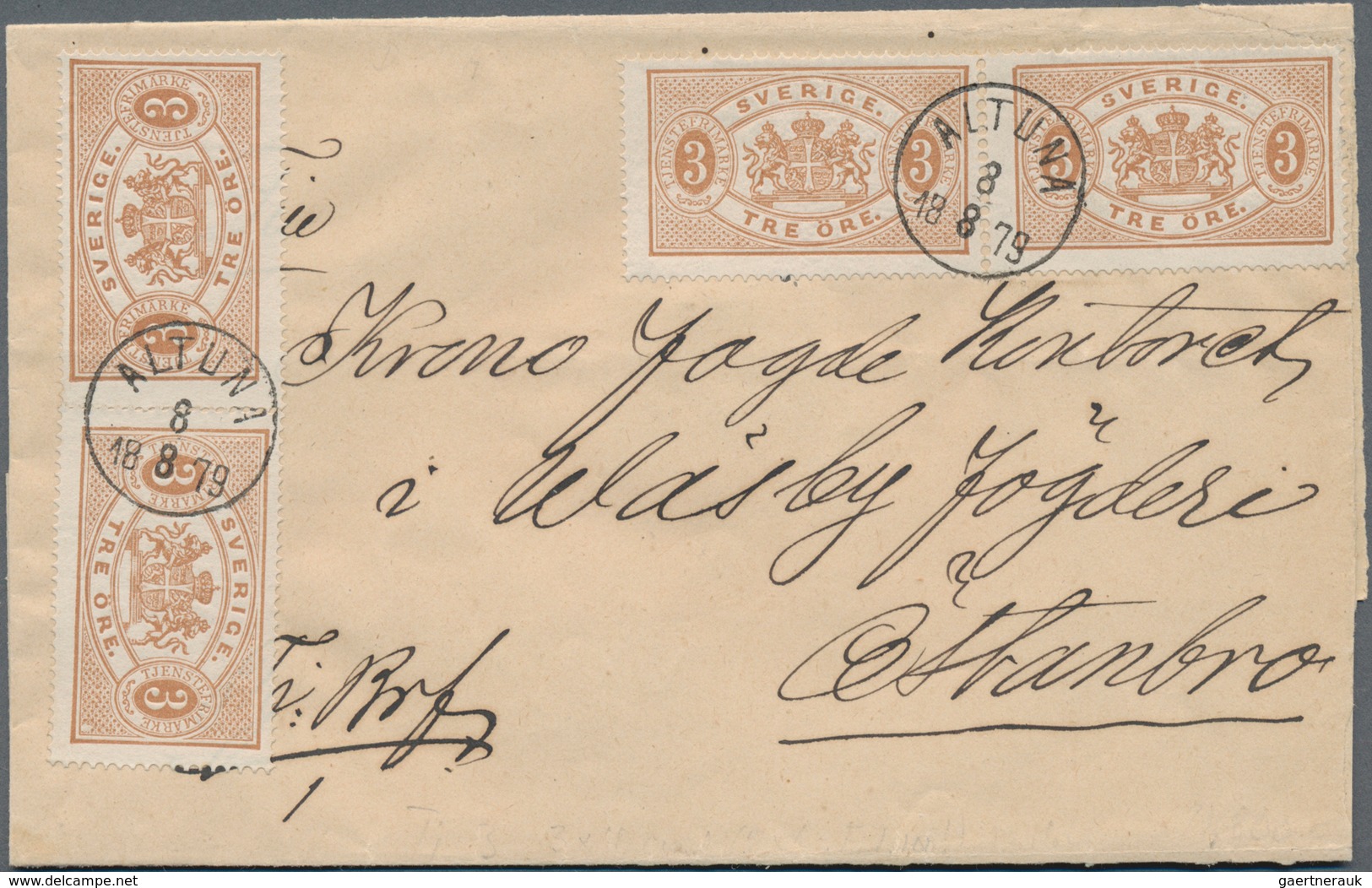 Schweden - Dienstmarken: 1874 Four Officials 3 øre Brown (one Pair) Used On 1879 Cover From Altuna T - Officials