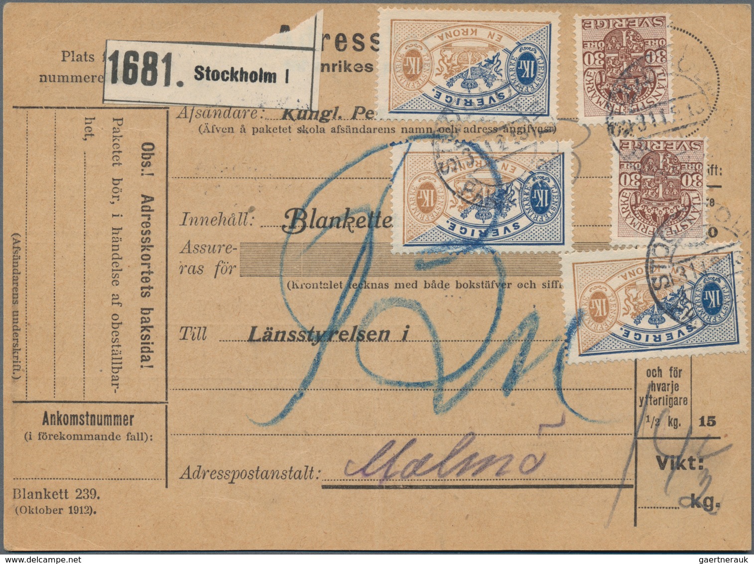 Schweden - Dienstmarken: 1913 Official Parcel Card Used From Stockholm To Malmö And Franked By Offic - Servizio