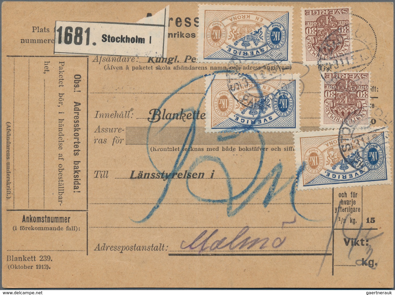 Schweden - Dienstmarken: 1913 Official Parcel Card Used From Stockholm To Malmö And Franked By Offic - Officials