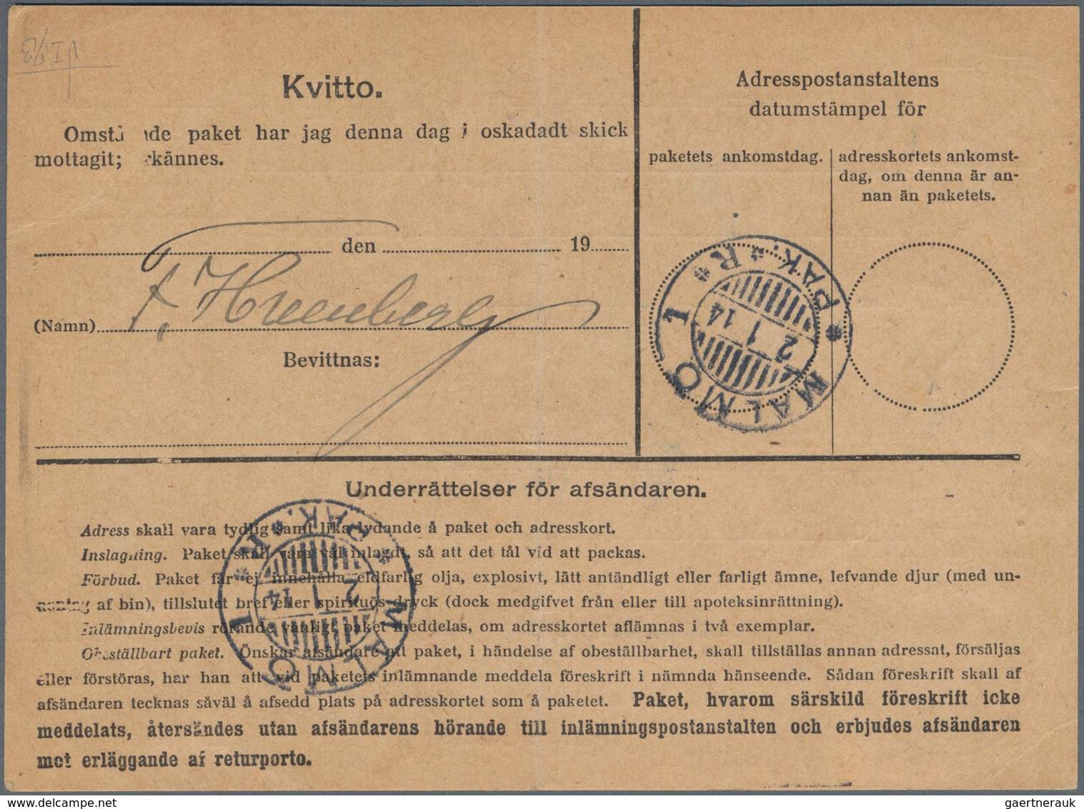 Schweden - Dienstmarken: 1913 Official Parcel Card Used From Stockholm To Malmö And Franked By Offic - Officials