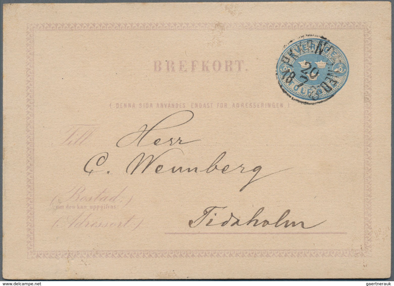 Schweden - Ganzsachen: 1872 Postal Stationery Card 12 øre Blue Used To Tidaholm And Posted On Railwa - Enteros Postales