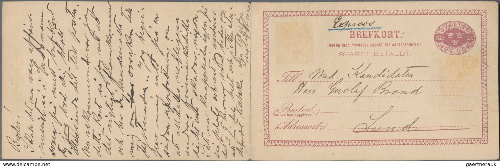 Schweden - Ganzsachen: 1882 Postal Stationery Double Card 6+6 øre Used Registered From Lund To Stock - Postal Stationery