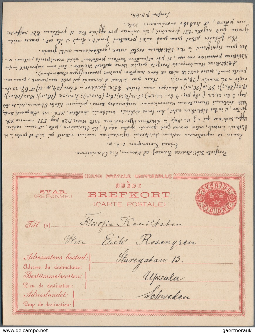 Schweden - Ganzsachen: 1883 Postal Stationery Double Card 10+10 øre Red Used From Upsala To Frankfur - Postal Stationery