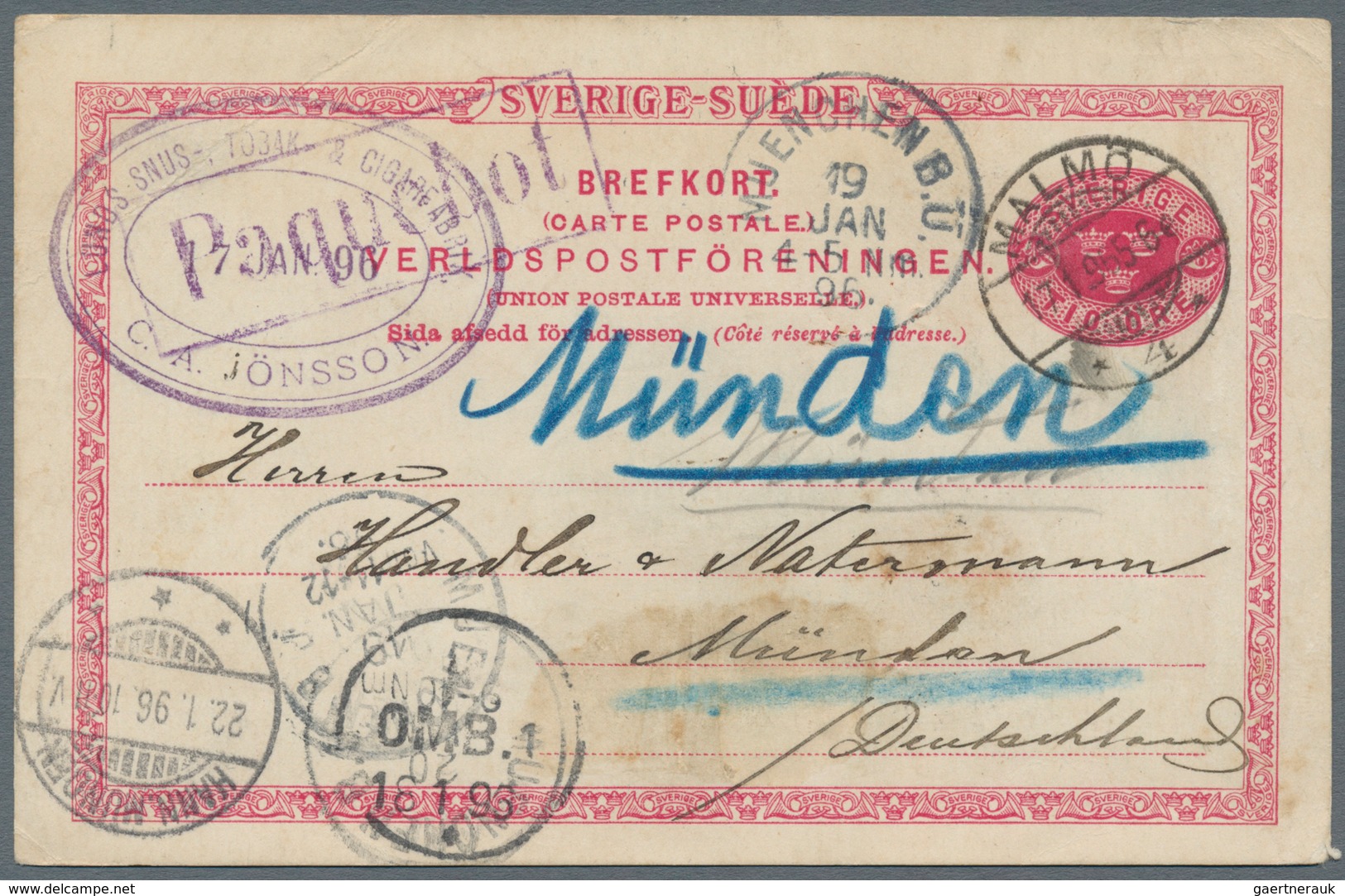 Schweden - Ganzsachen: 1896 Postal Stationery Card 10 øre Used From Lund To Münden, Germany Missent - Enteros Postales