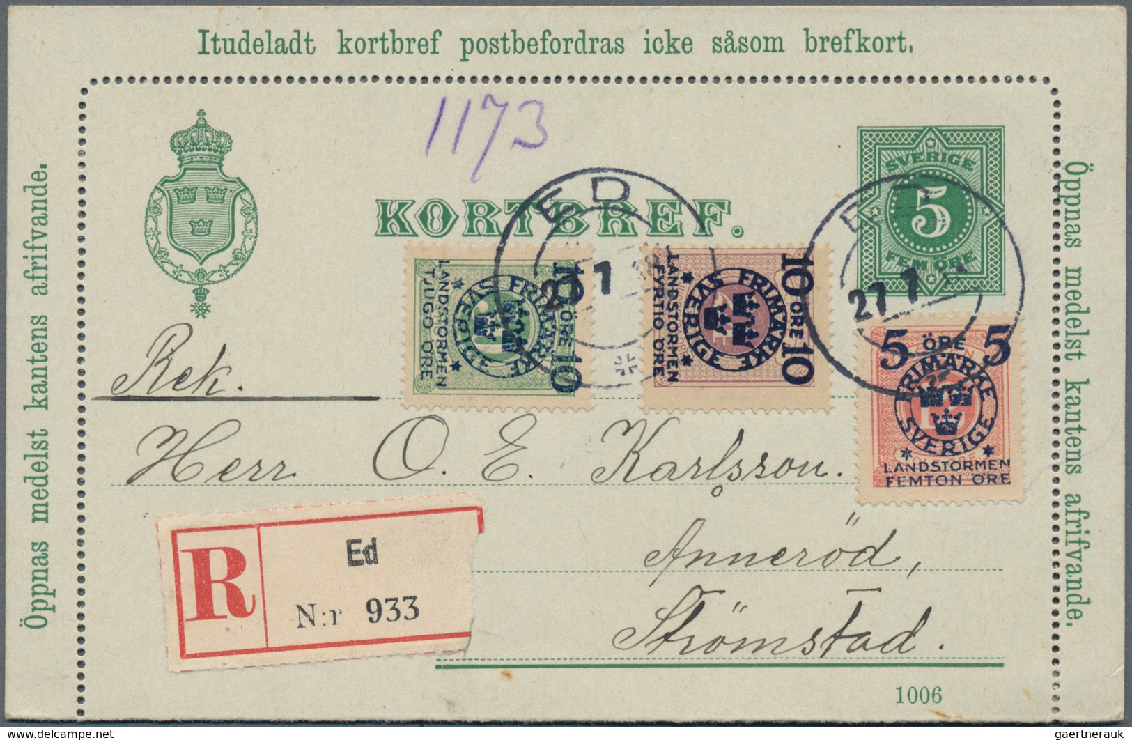 Schweden - Ganzsachen: 1905 Complete Letter Card 5 øre Green, Uprated 1916 10+40 øre On 24 øre Viole - Postal Stationery