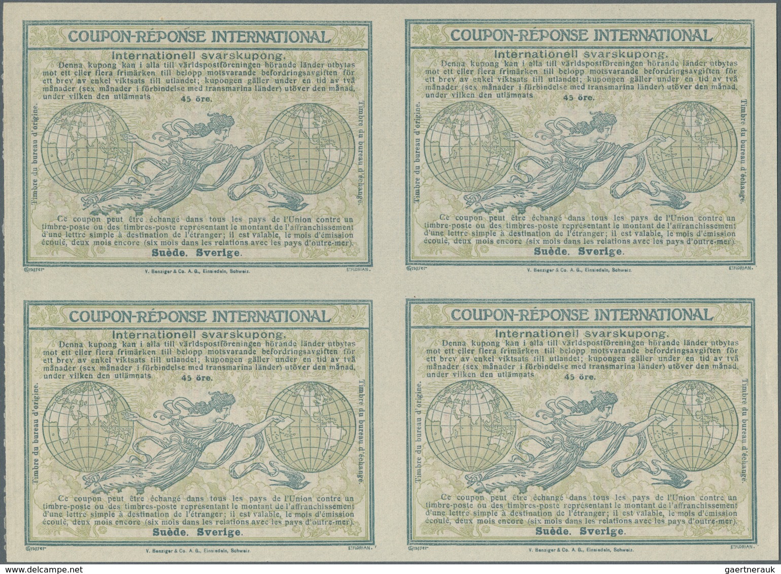 Schweden - Ganzsachen: Design "Madrid" 1920 International Reply Coupon As Block Of Four 45 Öre Sveri - Postal Stationery