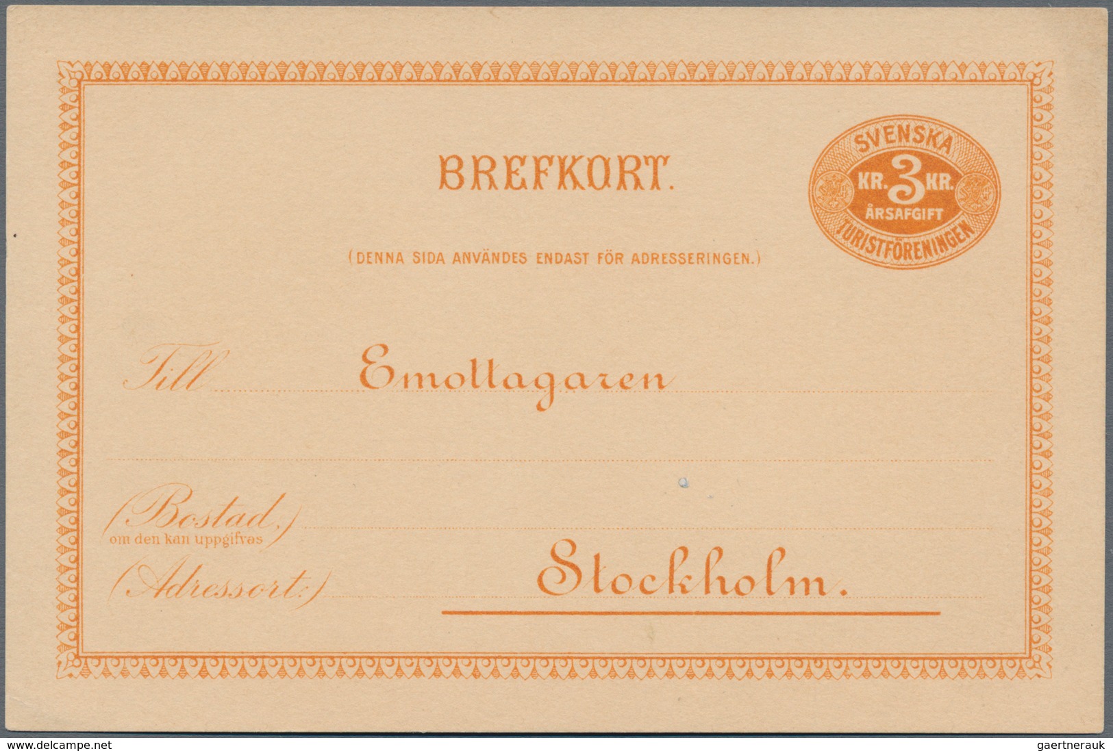 Schweden - Ganzsachen: 3 Kr "ÄRSAFGIFT TURISTFÖRENINGEN" Two Postal Stationery Postcards In Brown Wi - Postal Stationery