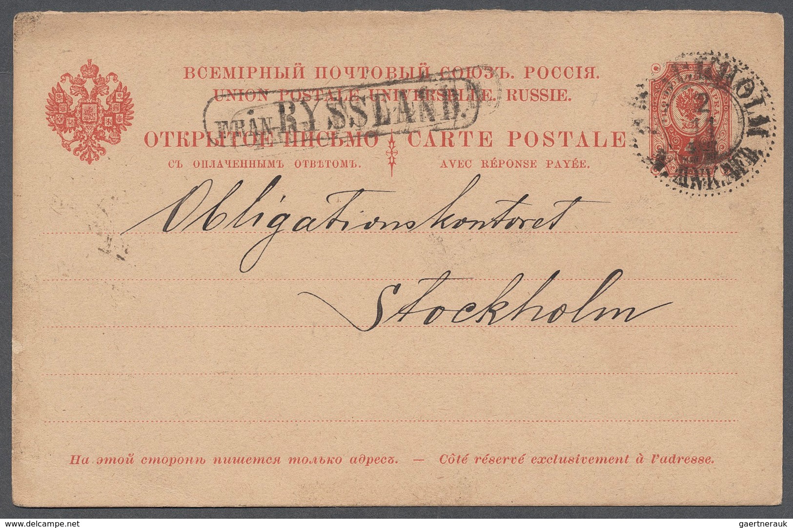Schweden - Stempel: "FRAN RYSSLAND", Boxed Straight Line On Front Of Finland 4kop. Stationery Card ( - Otros & Sin Clasificación