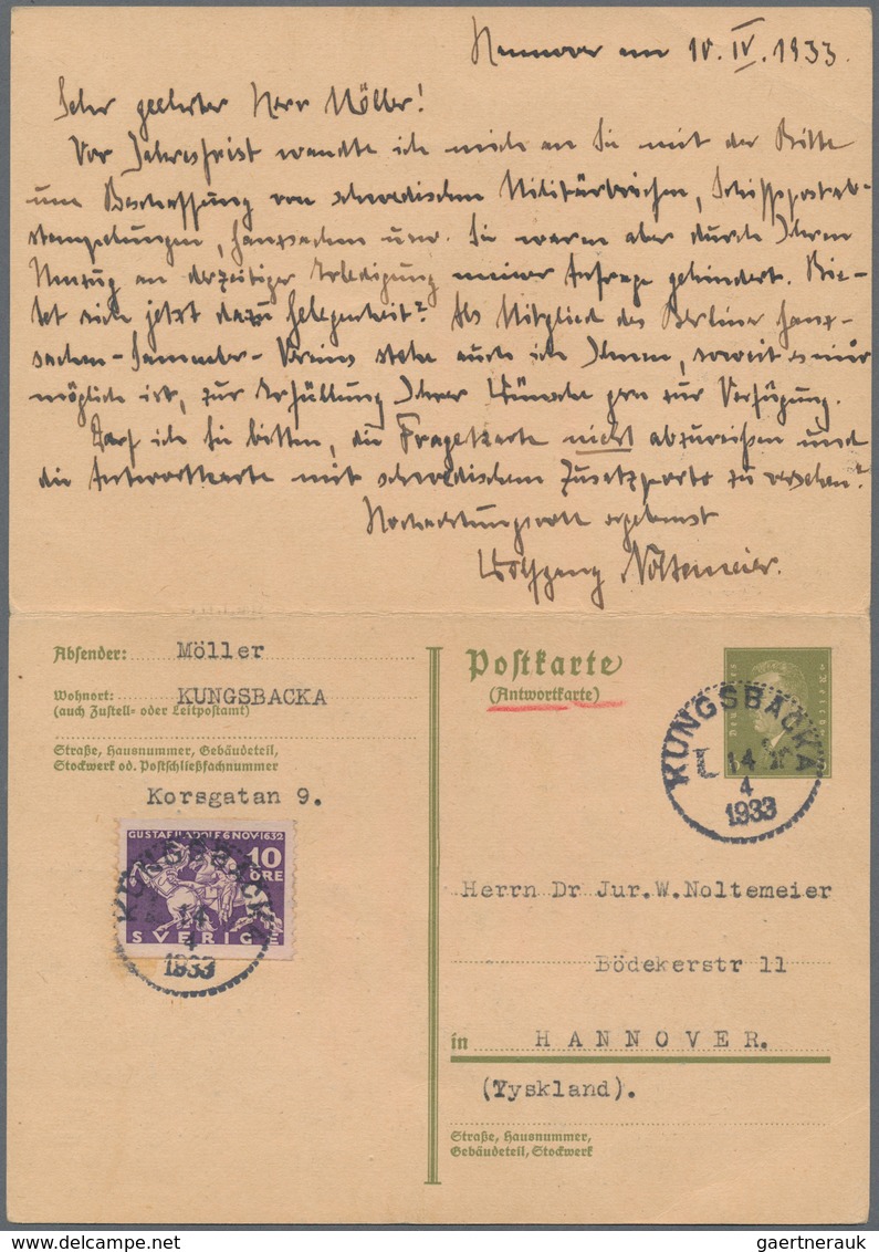 Schweden - Besonderheiten: 1933, Postal Stationery Double-card From Hannover/Germany To KUNGSBACKEN, - Sonstige & Ohne Zuordnung