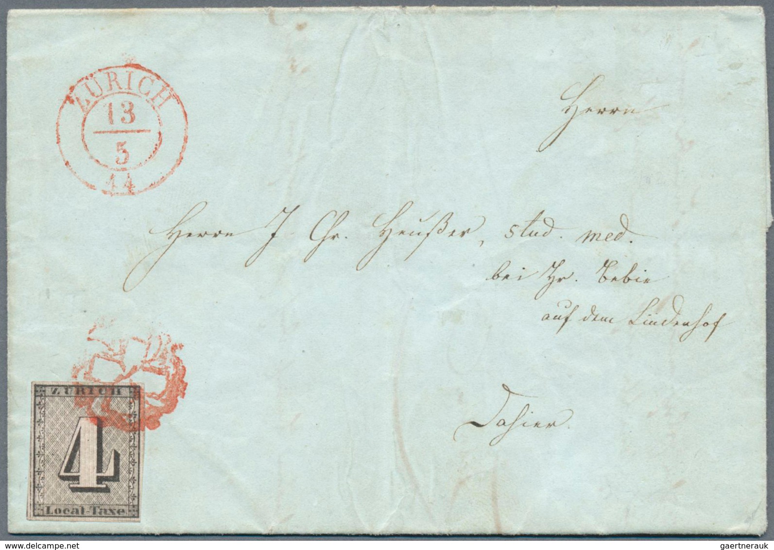 Schweiz - Zürich: 1843 Zürich 4 Rp. Schwarz Mit Senkrechten Unterdrucklinien, Type I, Gebraucht Auf - 1843-1852 Kantonalmarken Und Bundesmarken